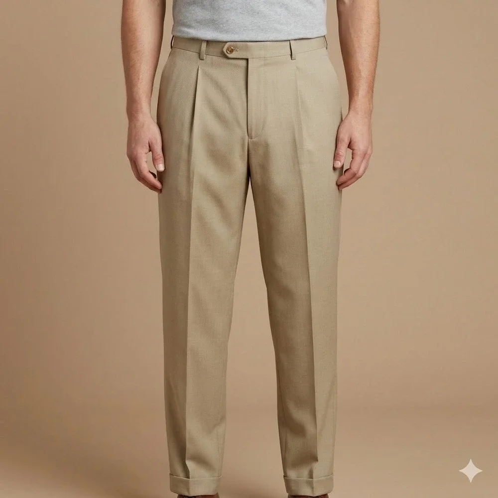 Bachrach‎ Pleated Wool Blend Dress Pants Cuffed Hem Tan Beig 42R
